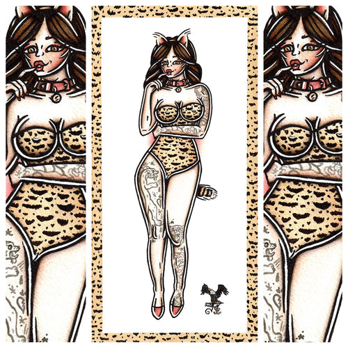 American traditional tattoo flash sexy pussycat pinup spitshade painting.