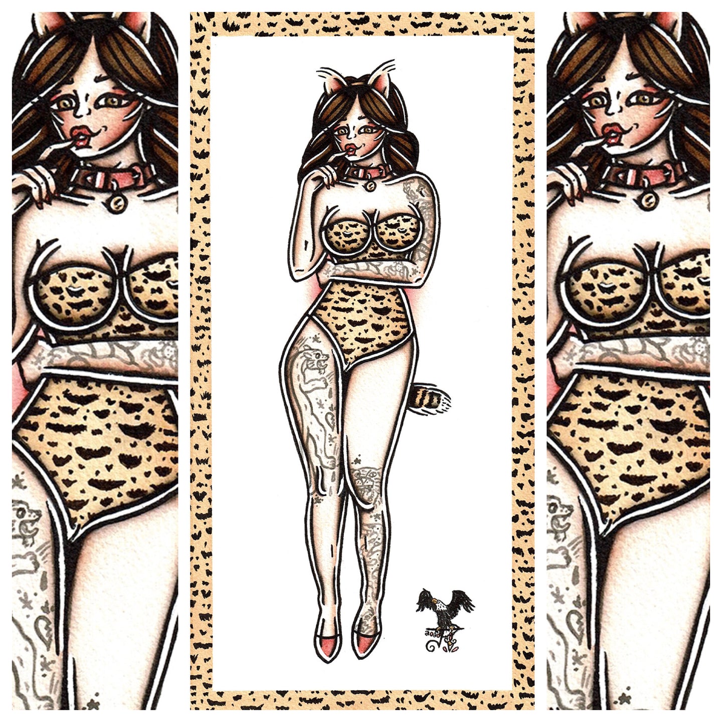 American traditional tattoo flash sexy pussycat pinup spitshade painting.