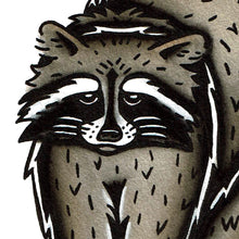 Load image into Gallery viewer, American traditional tattoo flash wildlife illustration Raccoon ink and watercolor painting.
