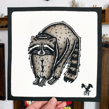 Load image into Gallery viewer, American traditional tattoo flash wildlife illustration Raccoon ink and watercolor painting.
