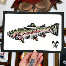 Load image into Gallery viewer, American traditional tattoo flash wildlife illustration Rainbow Trout watercolor painting.
