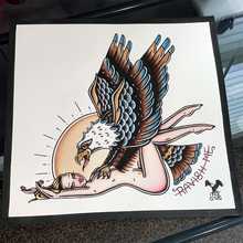 Load image into Gallery viewer, American Traditional tattoo flash nude Pinup Eagle watercolor painting.
