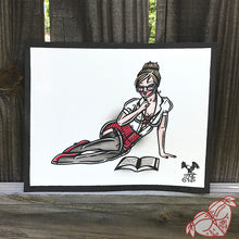 Load image into Gallery viewer, American traditional tattoo flash illustration sexy Librarian Pinup watercolor painting.
