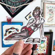 Load image into Gallery viewer, American Traditional tattoo flash sexy reading librarian pinup sticker.
