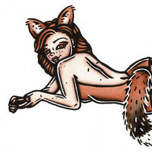Load image into Gallery viewer, American traditional tattoo flash Red Fox Pinup watercolor painting.
