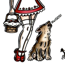 Load image into Gallery viewer, American traditional tattoo flash Little Red Riding Hood Pinup and Wolf watercolor painting.
