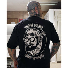 Load image into Gallery viewer, American Traditional tattoo flash Ride Fast Eat Pussy Biker Head T Shirt.
