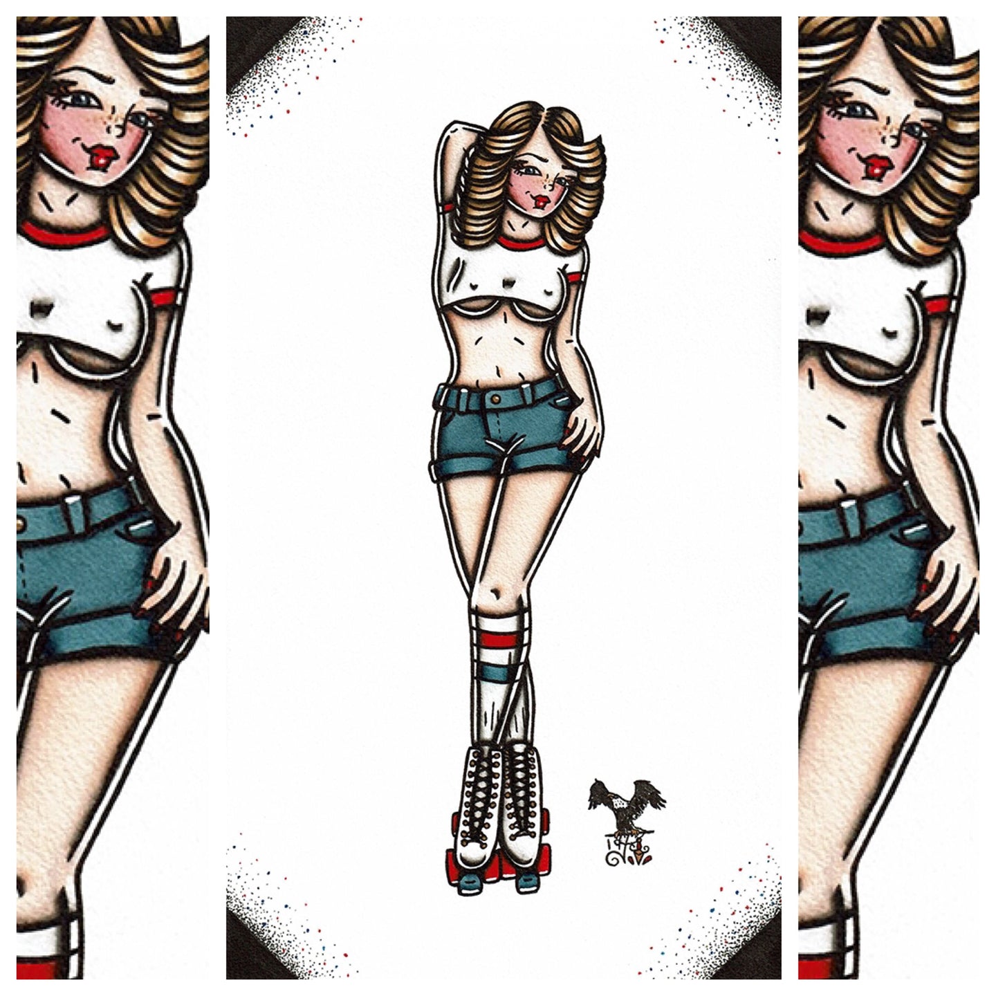 American Traditional tattoo flash sexy roller girl pinup spitshade painting.
