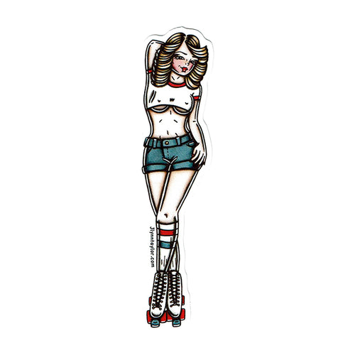 American traditional tattoo flash illustration Rollerskate Roller Girl Pinup watercolor sticker.