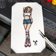 Load image into Gallery viewer, American Traditional tattoo flash sexy roller girl pinup spitshade painting.
