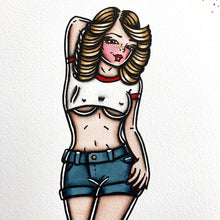 Load image into Gallery viewer, American Traditional tattoo flash sexy roller girl pinup spitshade painting.
