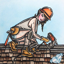 Load image into Gallery viewer, American Traditional tattoo flash working class Roofer Pinup watercolor painting.
