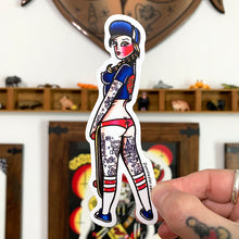Load image into Gallery viewer, American traditional tattoo flash Santa Cruz Skateboard Pinup watercolor sticker.
