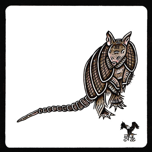 American traditional tattoo flash Nine-banded Armadillo ink and watercolor painting.