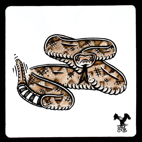American traditional tattoo flash wildlife illustration Western Diamondback Rattlesnake ink and watercolor painting.