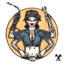 Load image into Gallery viewer, American Traditional tattoo flash Welding Pinup commissioned watercolor painting.
