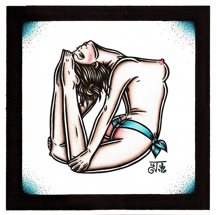 American Traditional tattoo flash topless bent back yoga pinup watercolor painting.