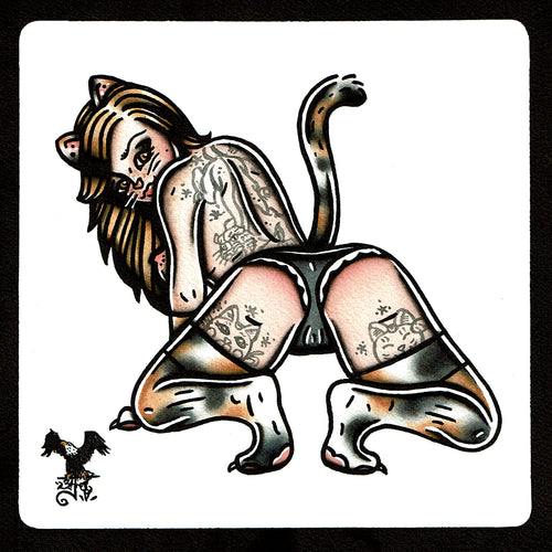 American traditional tattoo flash Calico Kitten Pinup watercolor painting.