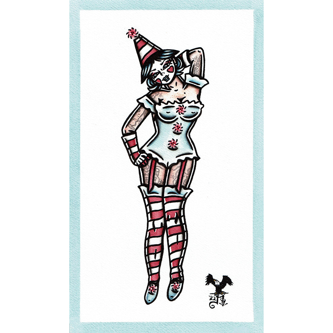 American traditional tattoo flash Clown Pinup watercolor painting.
