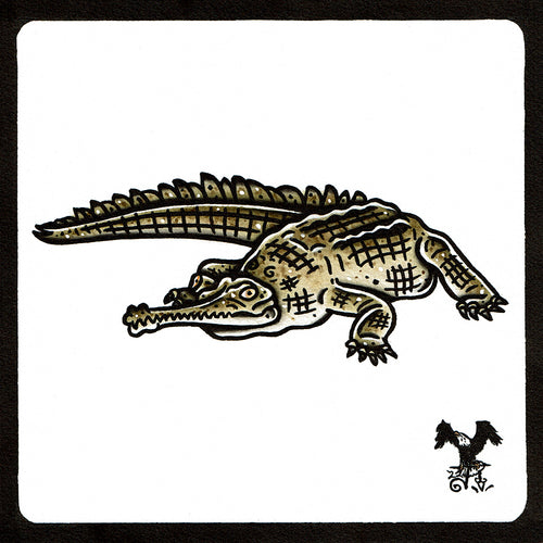 American traditional tattoo flash wildlife illustration Gharial Alligator ink and watercolor painting.
