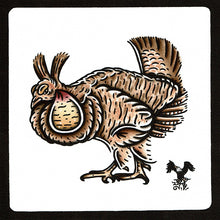 Load image into Gallery viewer, American traditional tattoo flash wildlife illustration Greater Prairie Chicken ink and watercolor painting.
