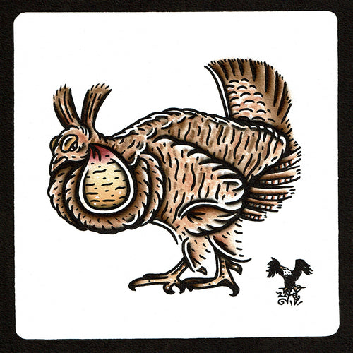 American traditional tattoo flash wildlife illustration Greater Prairie Chicken ink and watercolor painting.