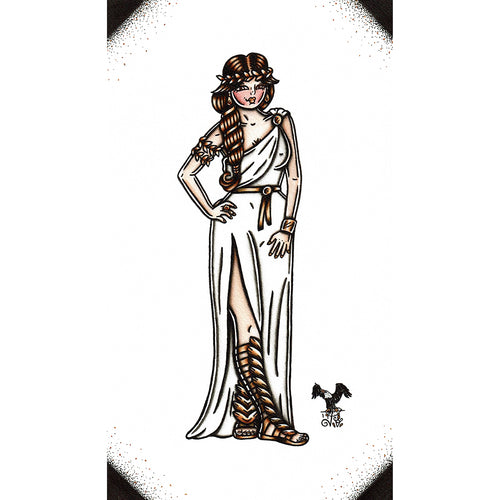 American Traditional tattoo flash Greek Goddess Pinup watercolor painting.