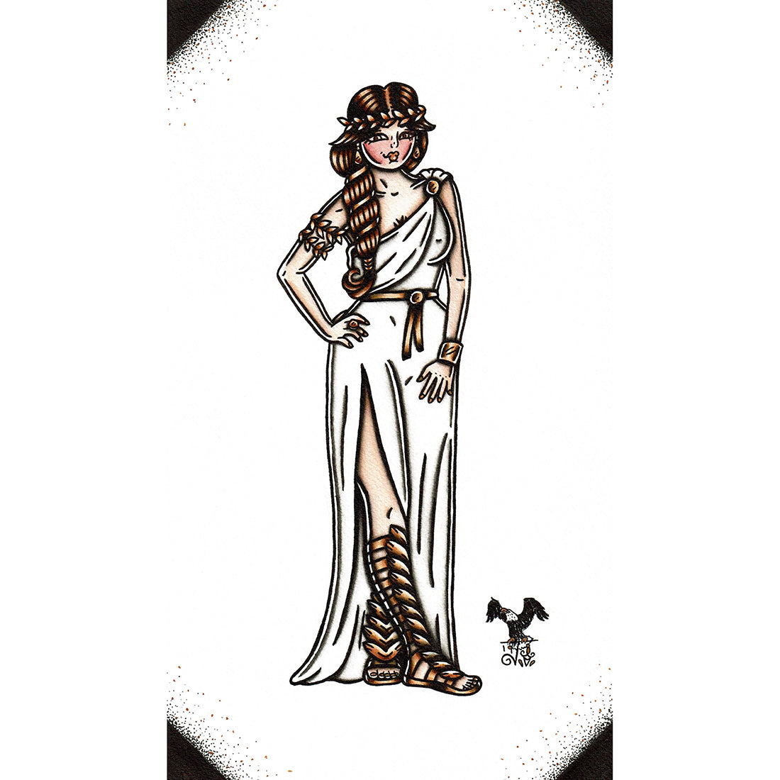 American Traditional tattoo flash Greek Goddess Pinup watercolor painting.
