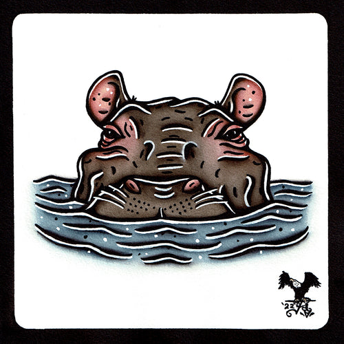 American traditional tattoo flash wildlife illustration Hippopotamus ink and watercolor painting. 