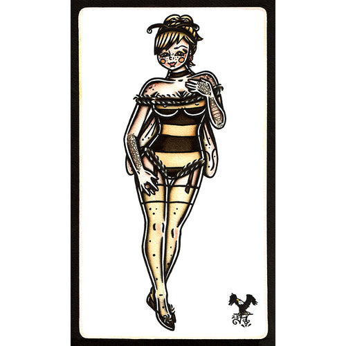 American traditional tattoo flash Honey Bee Pinup watercolor painting.
