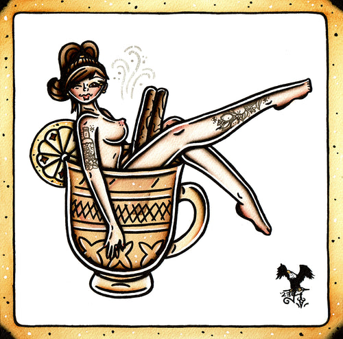 American traditional tattoo flash Hot Toddy Pinup watercolor painting.