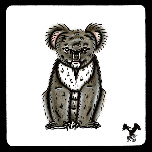 American traditional tattoo flash wildlife illustration Koala Bear ink and watercolor painting.
