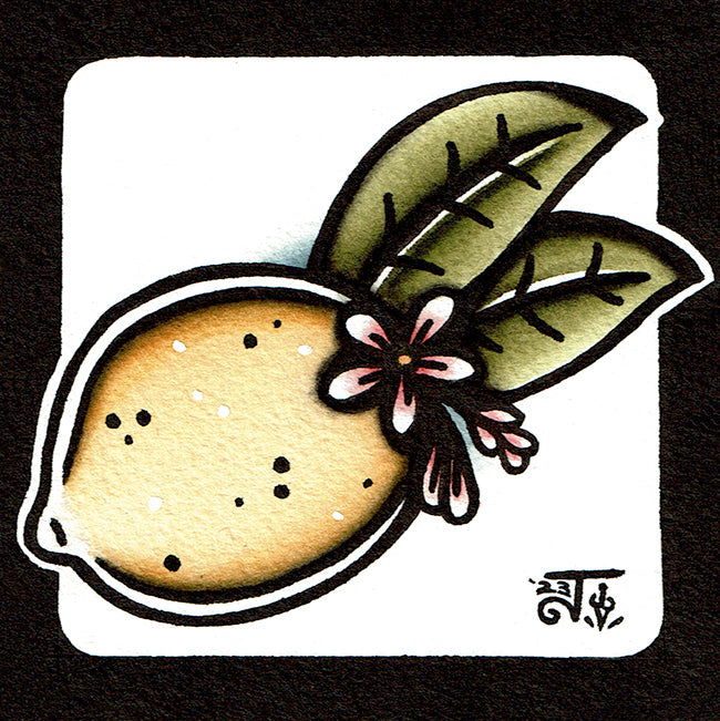 American traditional tattoo flash Lemon watercolor illustration painting.