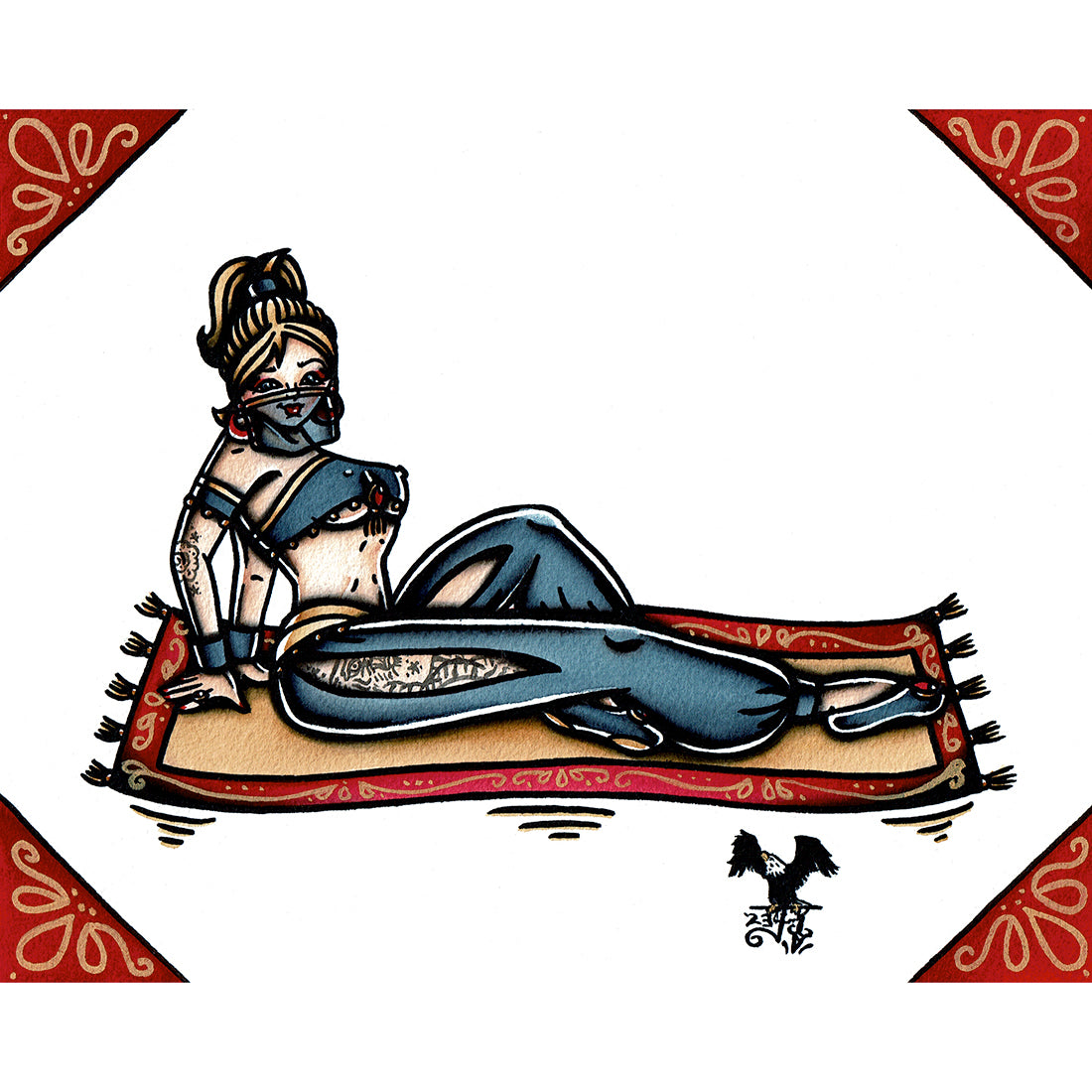 American traditional tattoo flash Magic Carpet Genie Pinup watercolor painting.