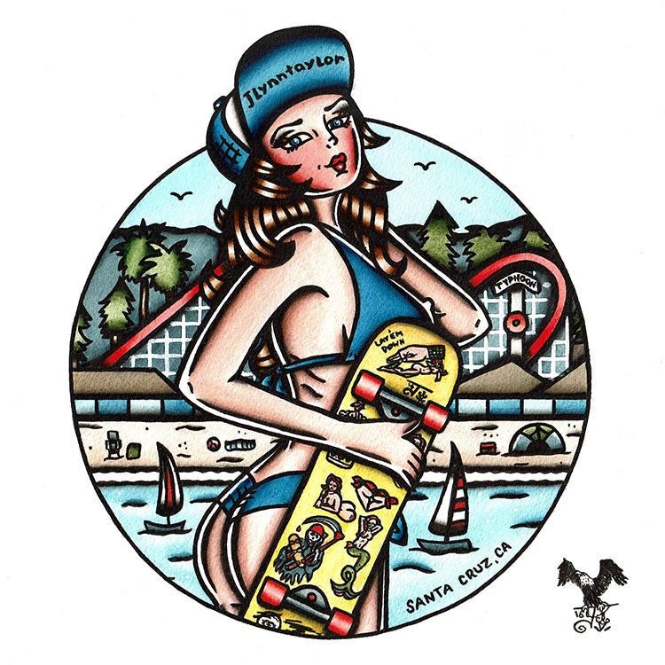 American Traditional tattoo flash  Santa Cruz Skateboard Pinup Dot watercolor painting.