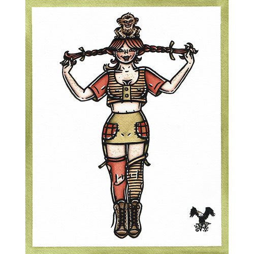 American traditional tattoo flash Pipi Longstocking Pinup watercolor painting.