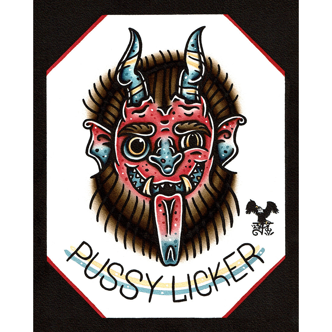American traditional tattoo flash Pussy Licker Devil Head. watercolor illustration painting.