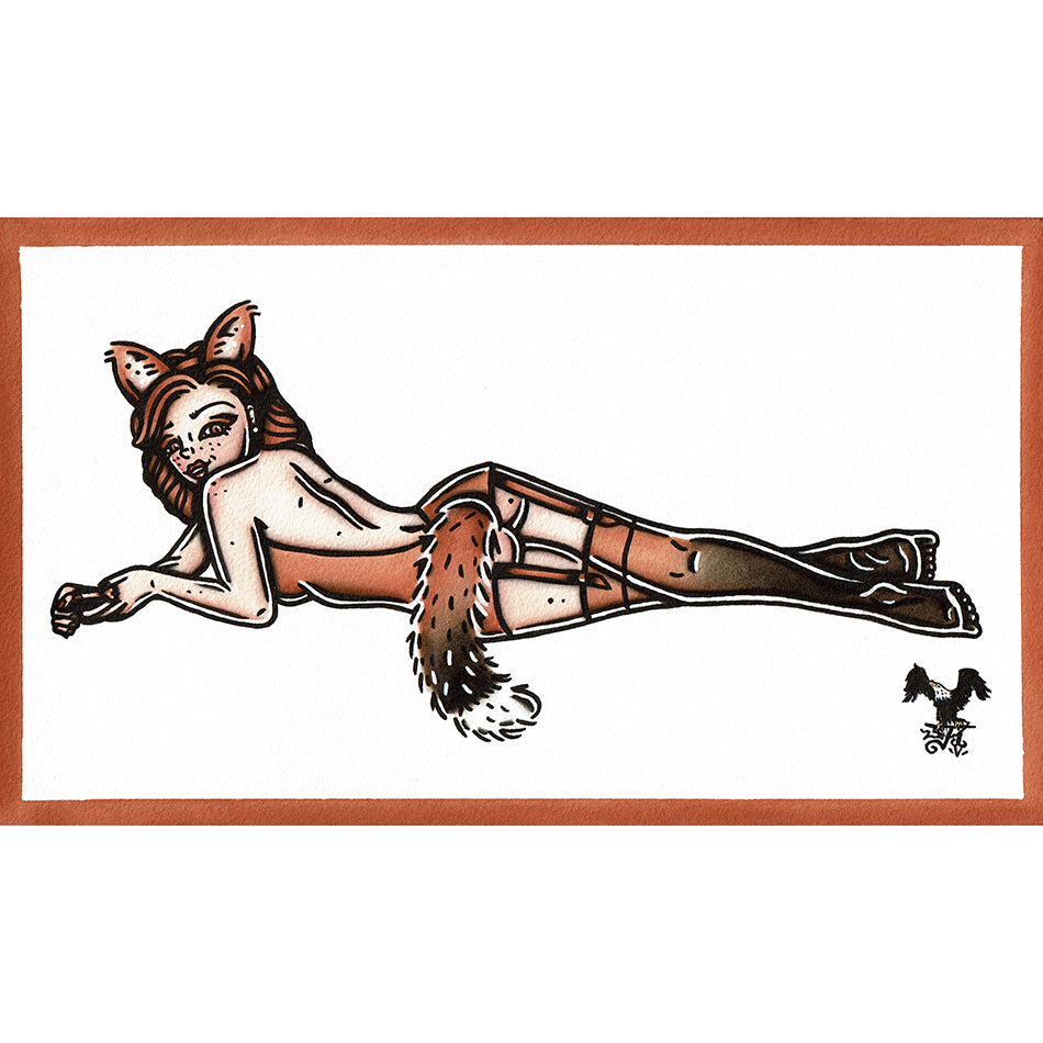 American traditional tattoo flash Red Fox Pinup watercolor painting.