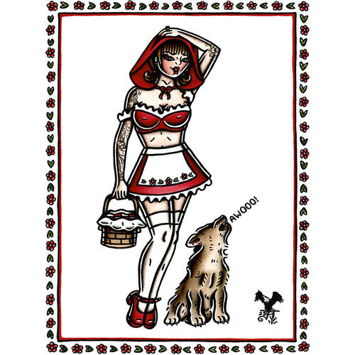 American traditional tattoo flash Little Red Riding Hood Pinup and Wolf watercolor painting.