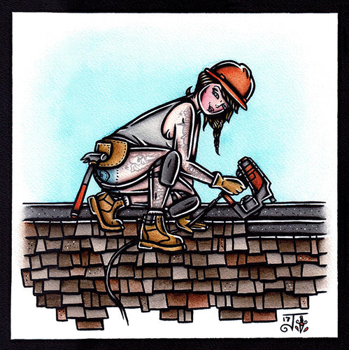 American Traditional tattoo flash working class Roofer Pinup watercolor painting.
