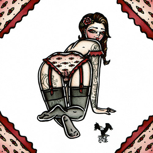American traditional tattoo flash Naughty Rose Lingerie Pinup Watercolor Painting.