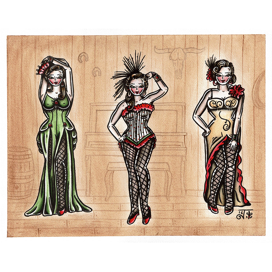 American Traditional tattoo flash saloon girl pinup watercolor painting.
