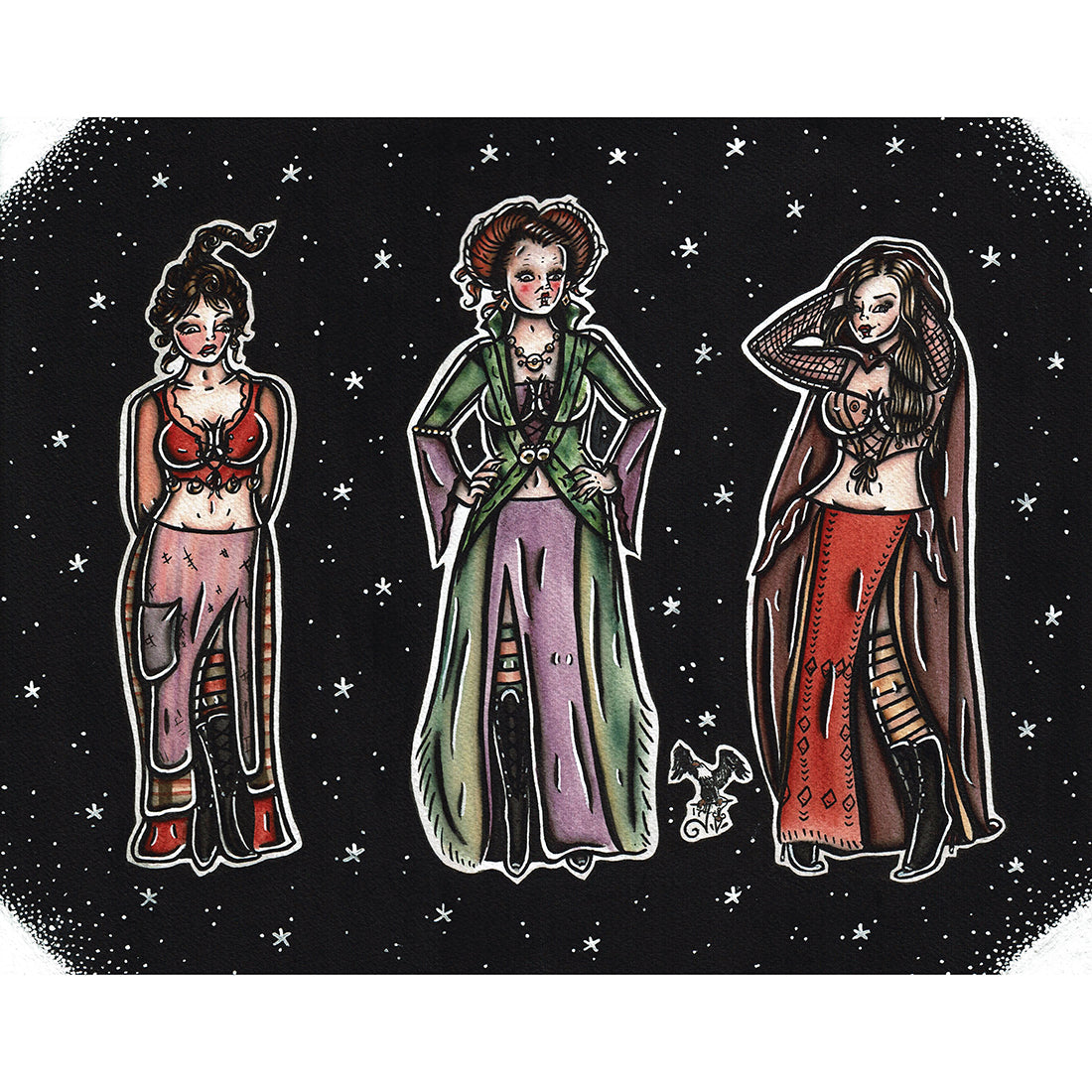 American Traditional Tattoo Flash Hocus Pocus Sanderson Sisters pinup watercolor painting.