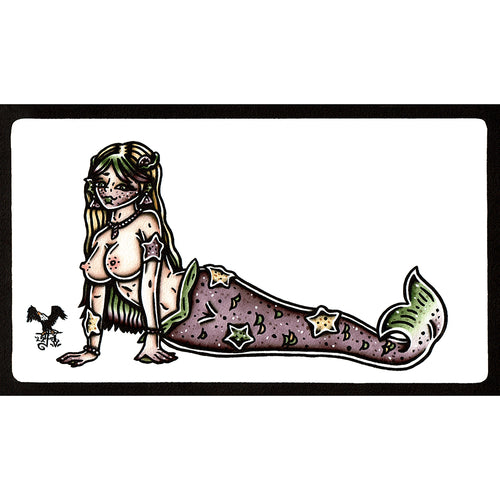 American traditional tattoo flash Starfish Mermaid Pinup watercolor painting.