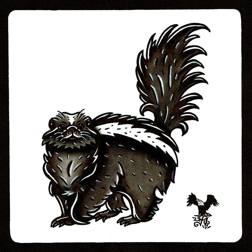 American traditional tattoo flash wildlife illustration Striped Skunk ink and watercolor painting.