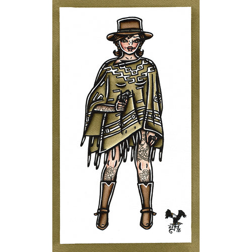 American traditional tattoo flash vaquero the woman with no name pinup watercolor painting.