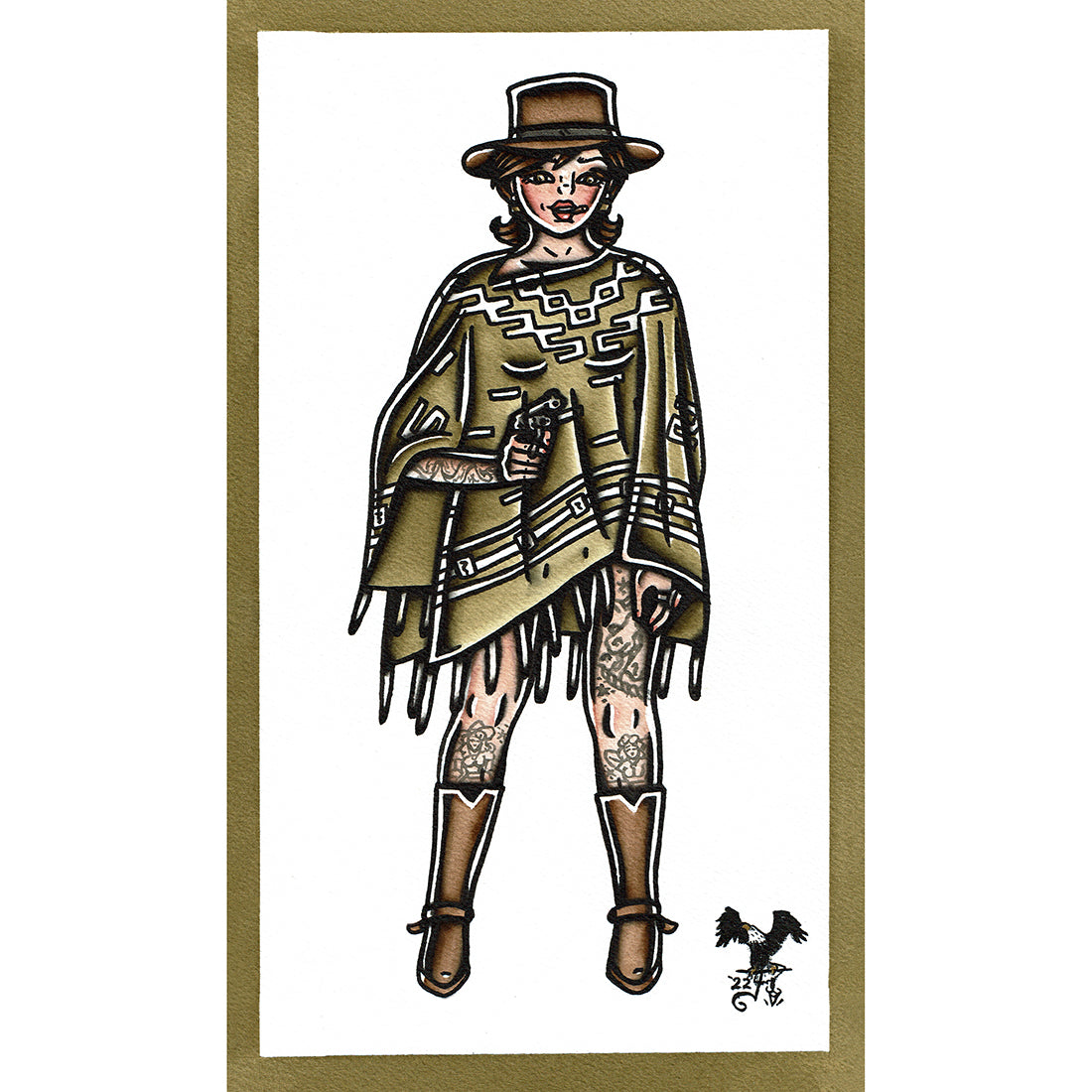 American traditional tattoo flash vaquero the woman with no name pinup watercolor painting.