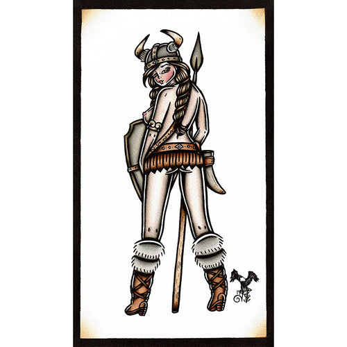 American Traditional tattoo flash Viking Pinup watercolor painting.