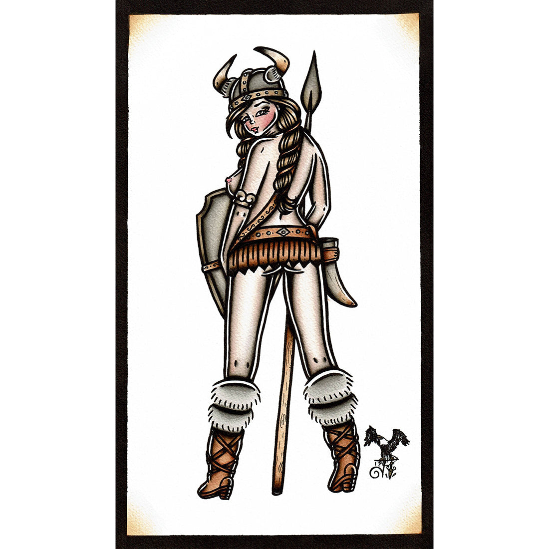 American Traditional tattoo flash Viking Pinup watercolor painting.