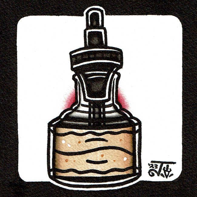 American Traditional tattoo flash Vintage Ink Bottle watercolor painting.